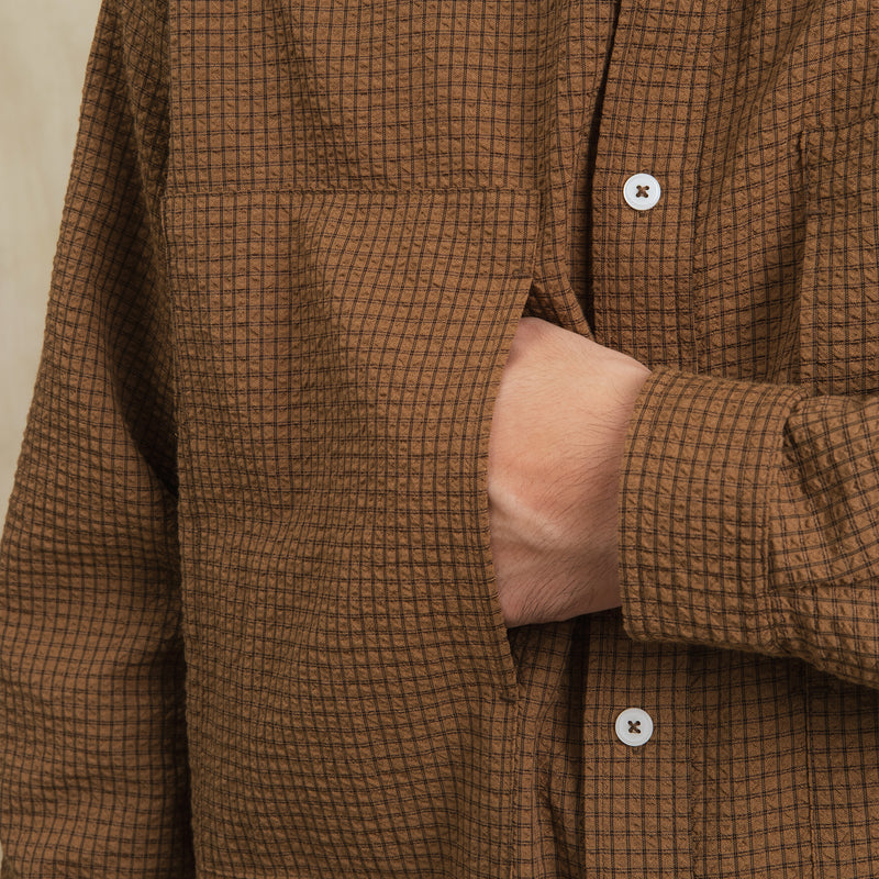 Checkered Sidepull Shirt / Seersucker Cotton - Brown