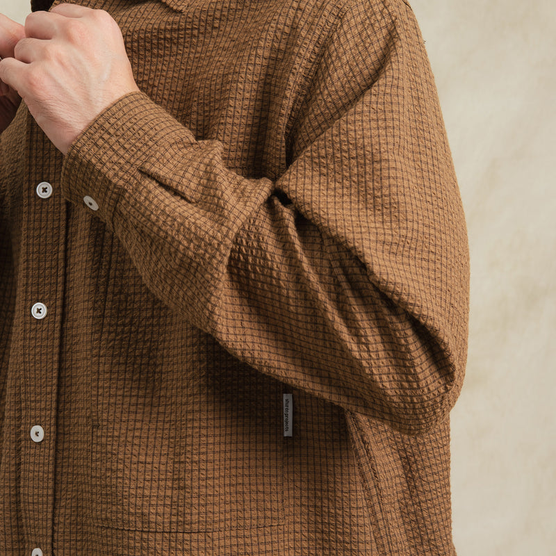Checkered Sidepull Shirt / Seersucker Cotton - Brown