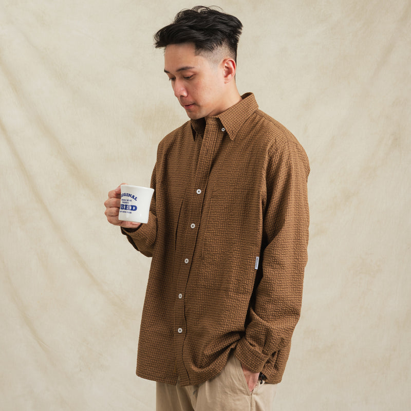 Checkered Sidepull Shirt / Seersucker Cotton - Brown